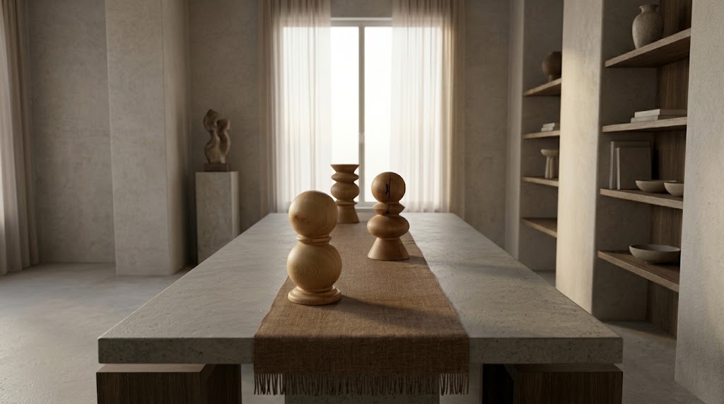 Tres piezas torneadas sobre una mesa larga de comedor, con luz de ventana al fondo