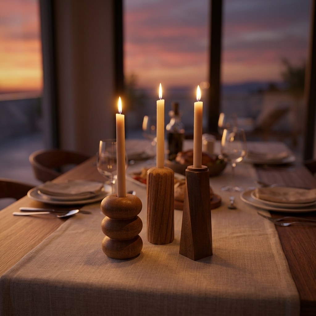 Varios portavelas de PuraMadera encendidos sobre una mesa puesta, con el atardecer por la ventana