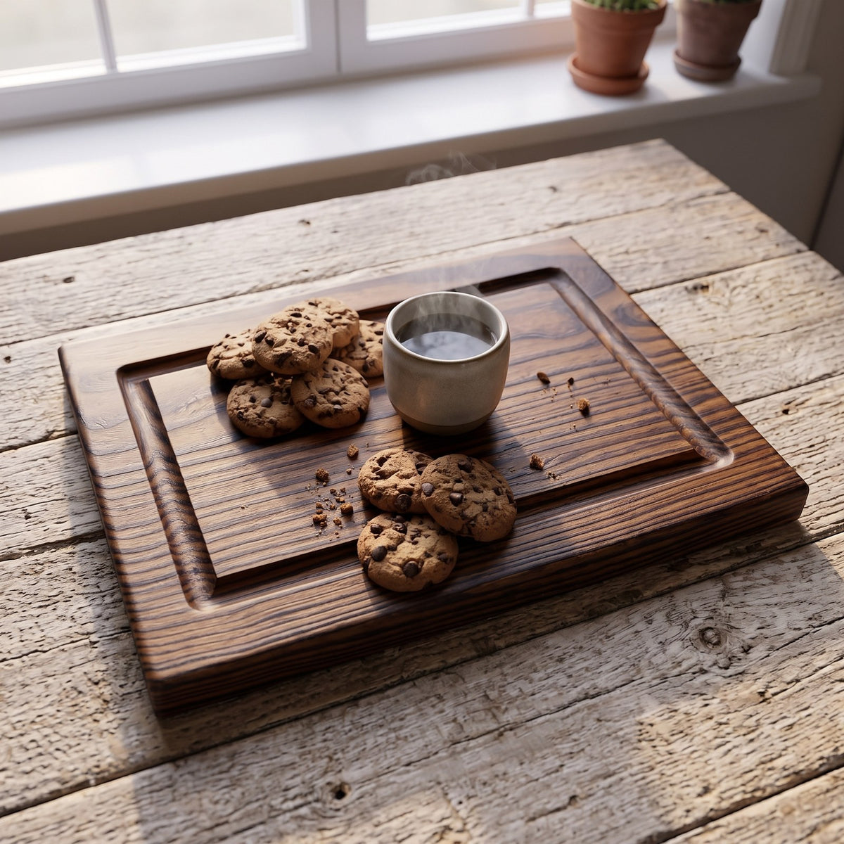 Tabla de picar pequeña de PuraMadera junto a la ventana de la cocina, servida con galletas