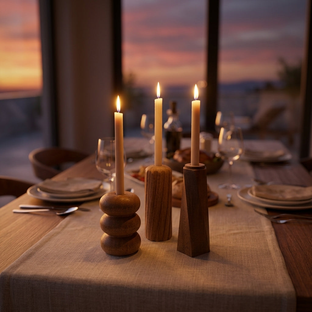 Tres portavelas de madera torneada con velas encendidas sobre una mesa puesta al atardecer