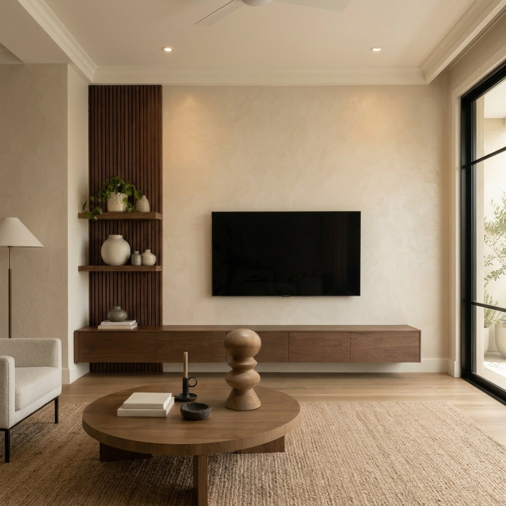 Sala con una pieza torneada de PuraMadera sobre la mesa de centro, junto a un mueble bajo de madera