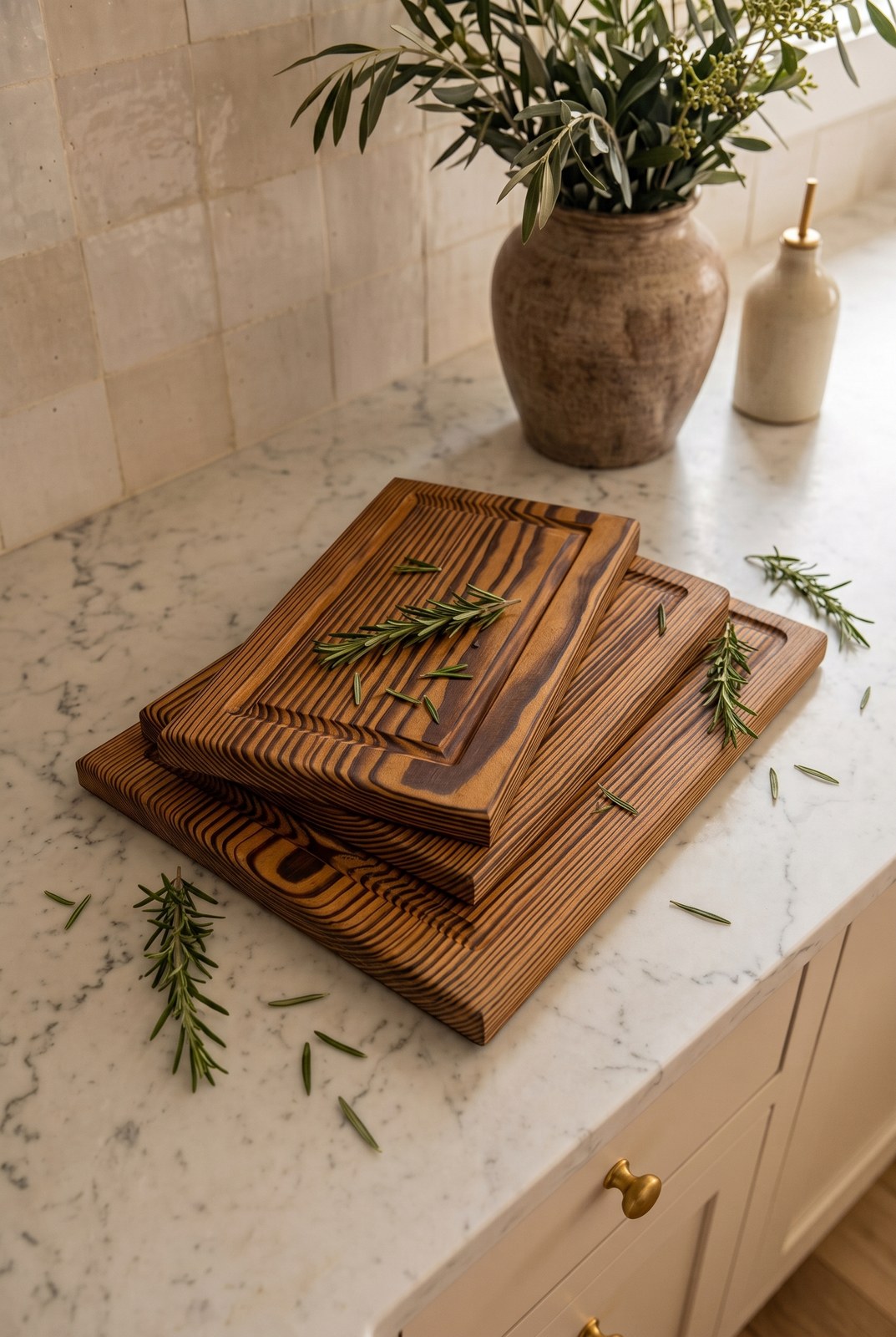 Las tres tablas del kit de PuraMadera apiladas sobre el mesón de la cocina, con romero fresco al lado