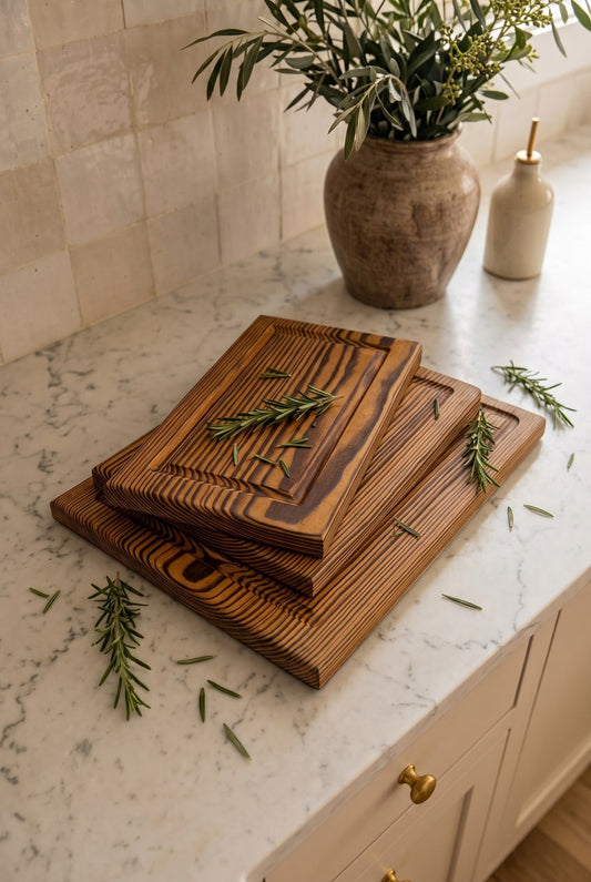 Las tres tablas del kit de PuraMadera apiladas sobre el mesón de la cocina, con romero fresco al lado