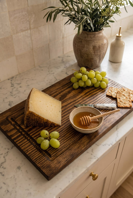 Tabla de picar mediana de PuraMadera sobre el mesón, servida con queso, uvas y miel