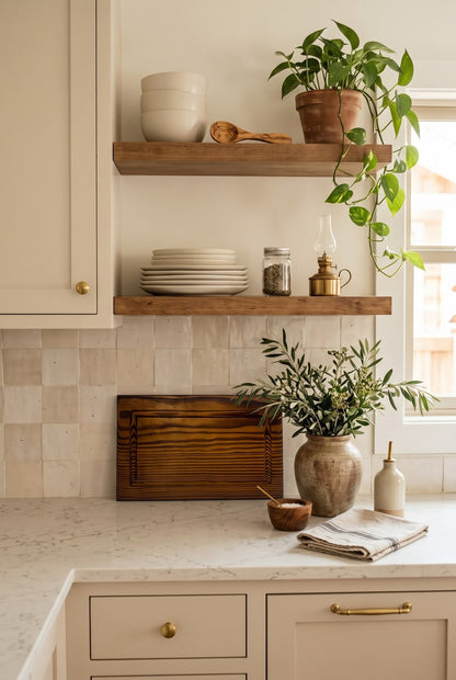 Tabla de picar mediana de PuraMadera apoyada en la cocina, junto a la ventana