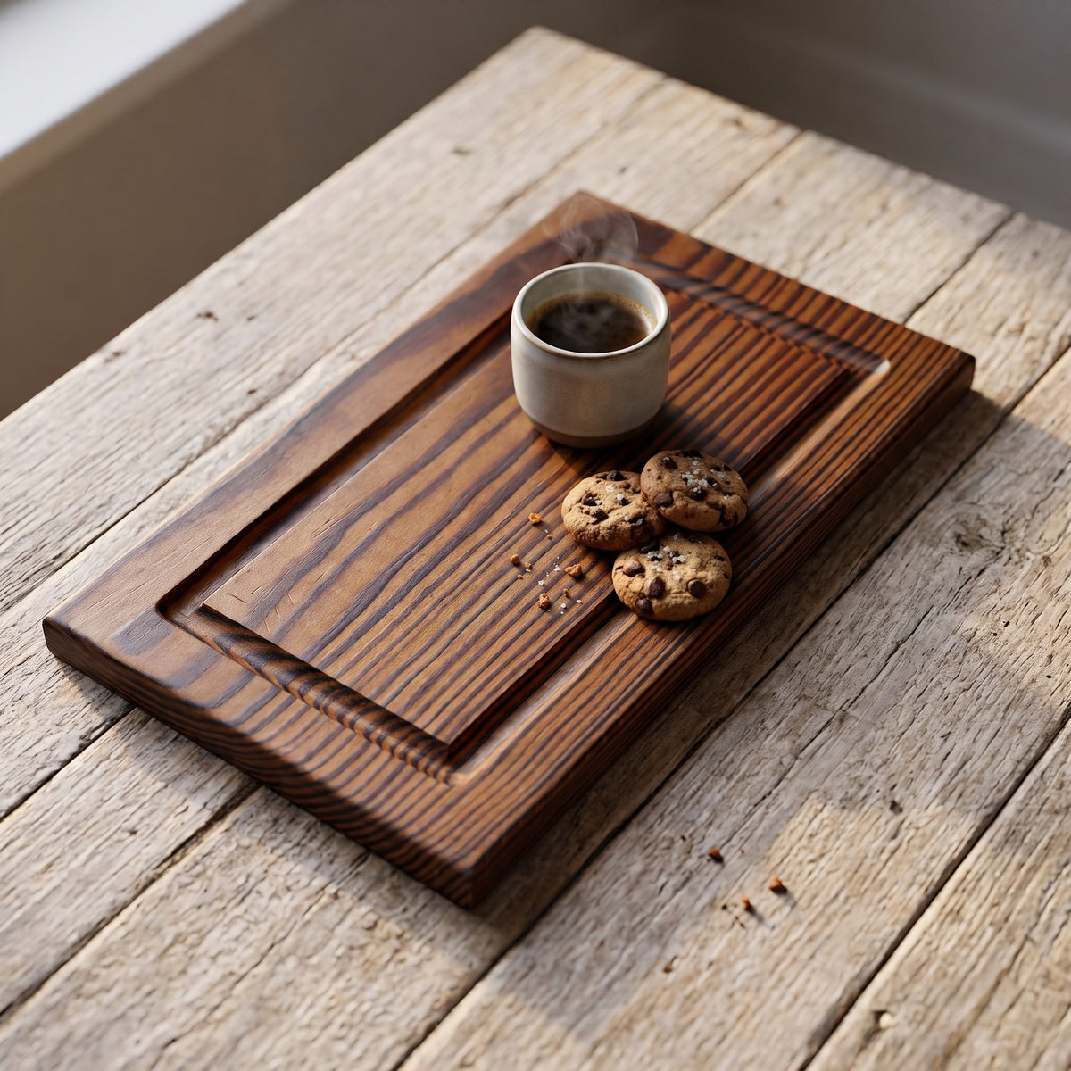 Tabla de picar pequeña de PuraMadera sobre una mesa rústica, con una taza y galletas encima