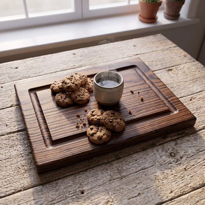 Tabla de picar pequeña de PuraMadera junto a la ventana de la cocina, servida con galletas